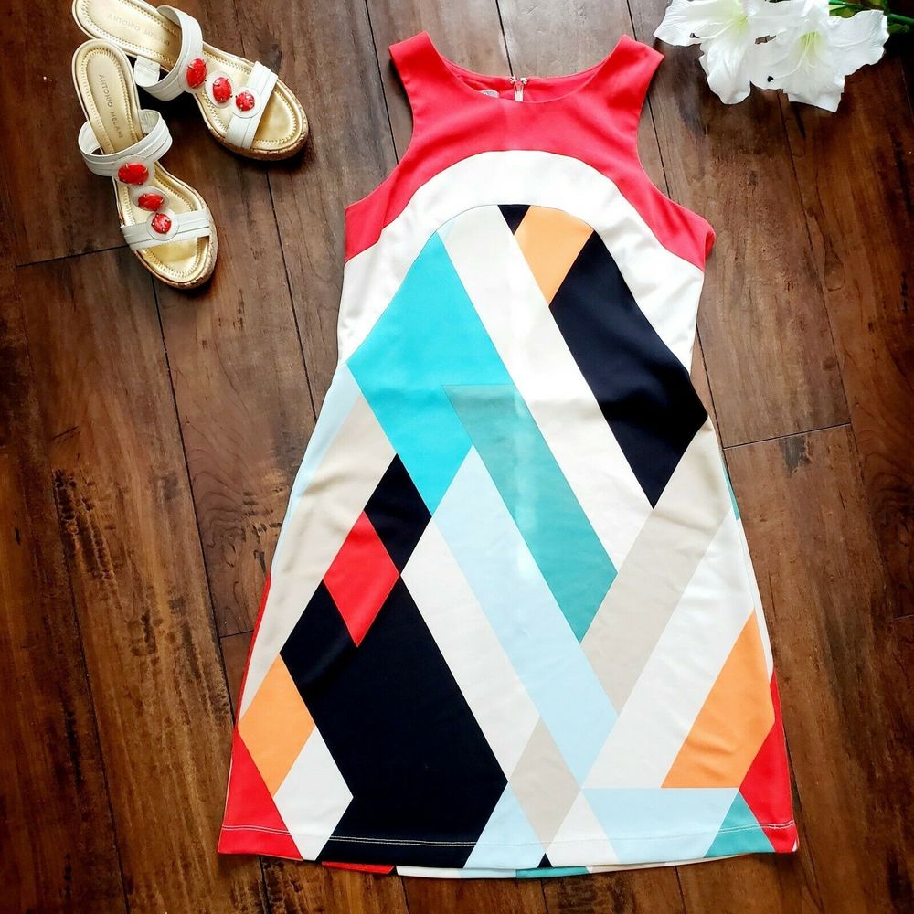 MUSE Dress Geometric Orange White Sleeveless Sz 8